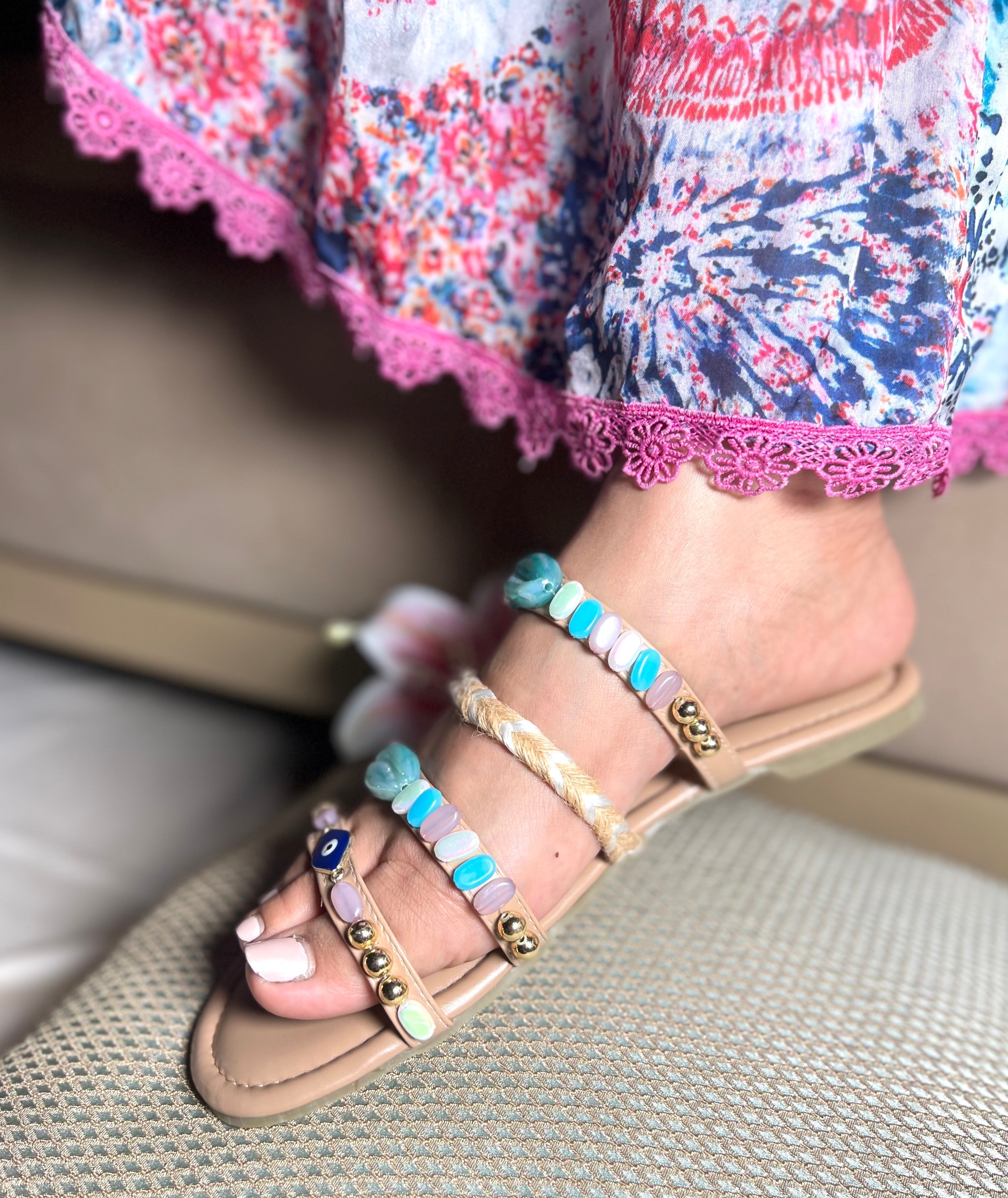 Boho Beaded Multistrap Sandals – Pastel Blue Sandal Stories