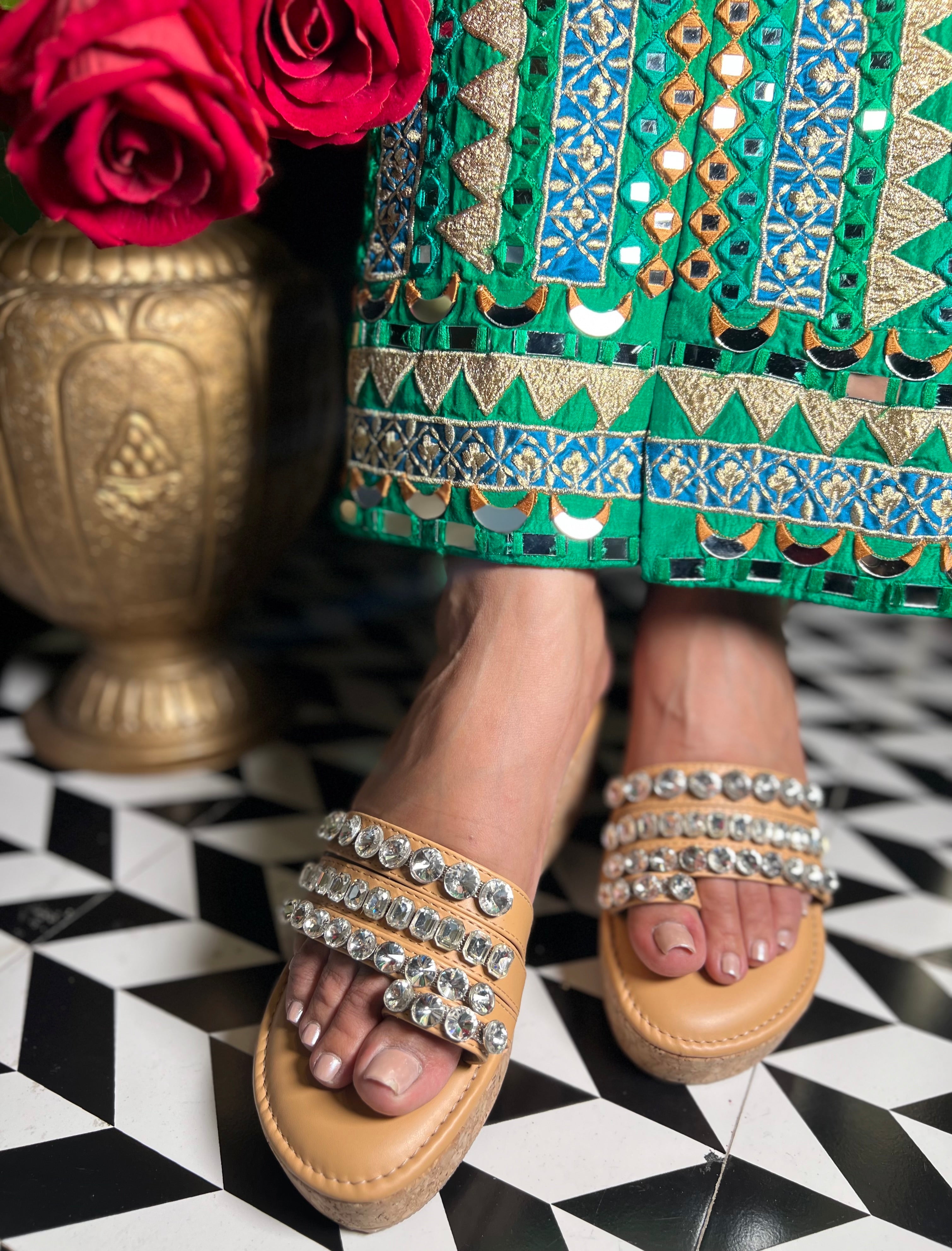 Beige Diamond Embellished Thumb Wedges