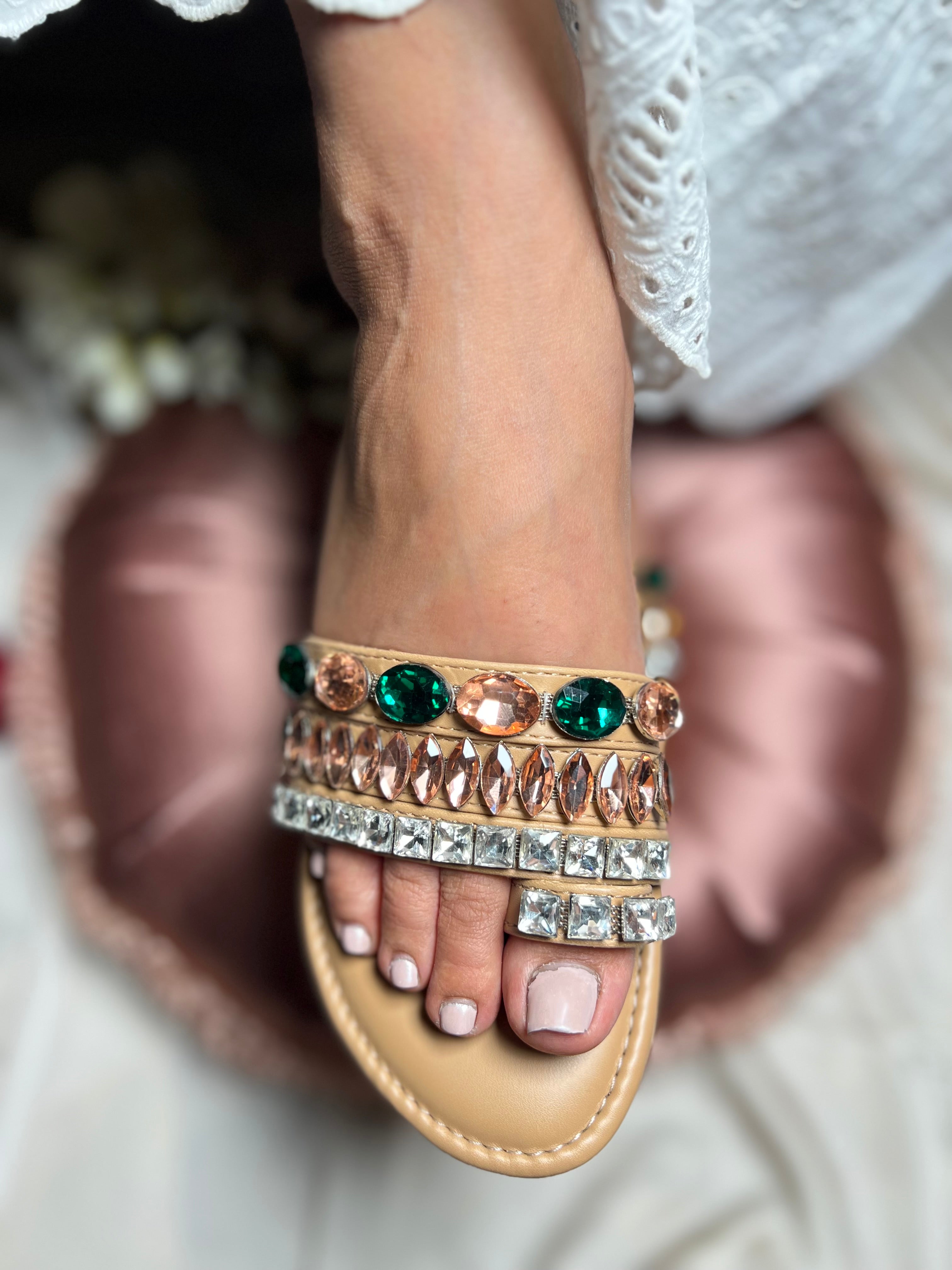 Emerald & Rose Gold Crystal Embellished Wedges Sandal Stories
