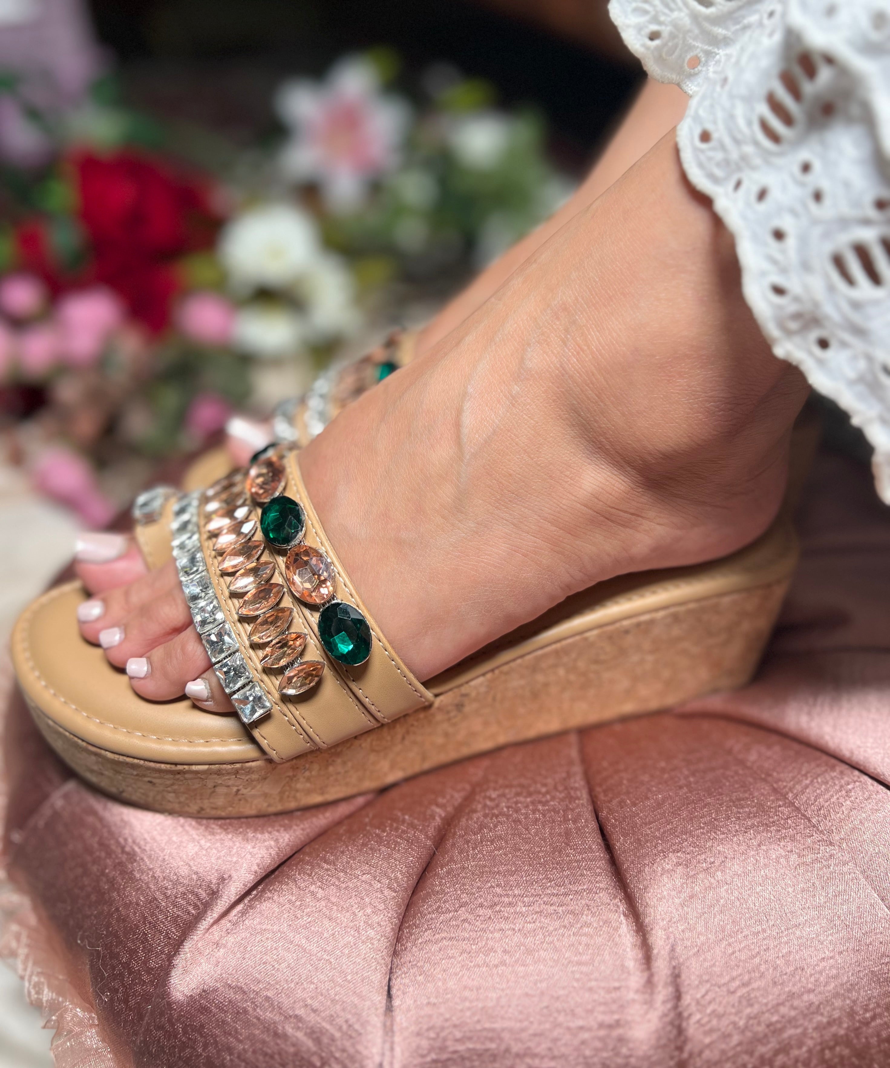 Emerald & Rose Gold Crystal Embellished Wedges Sandal Stories