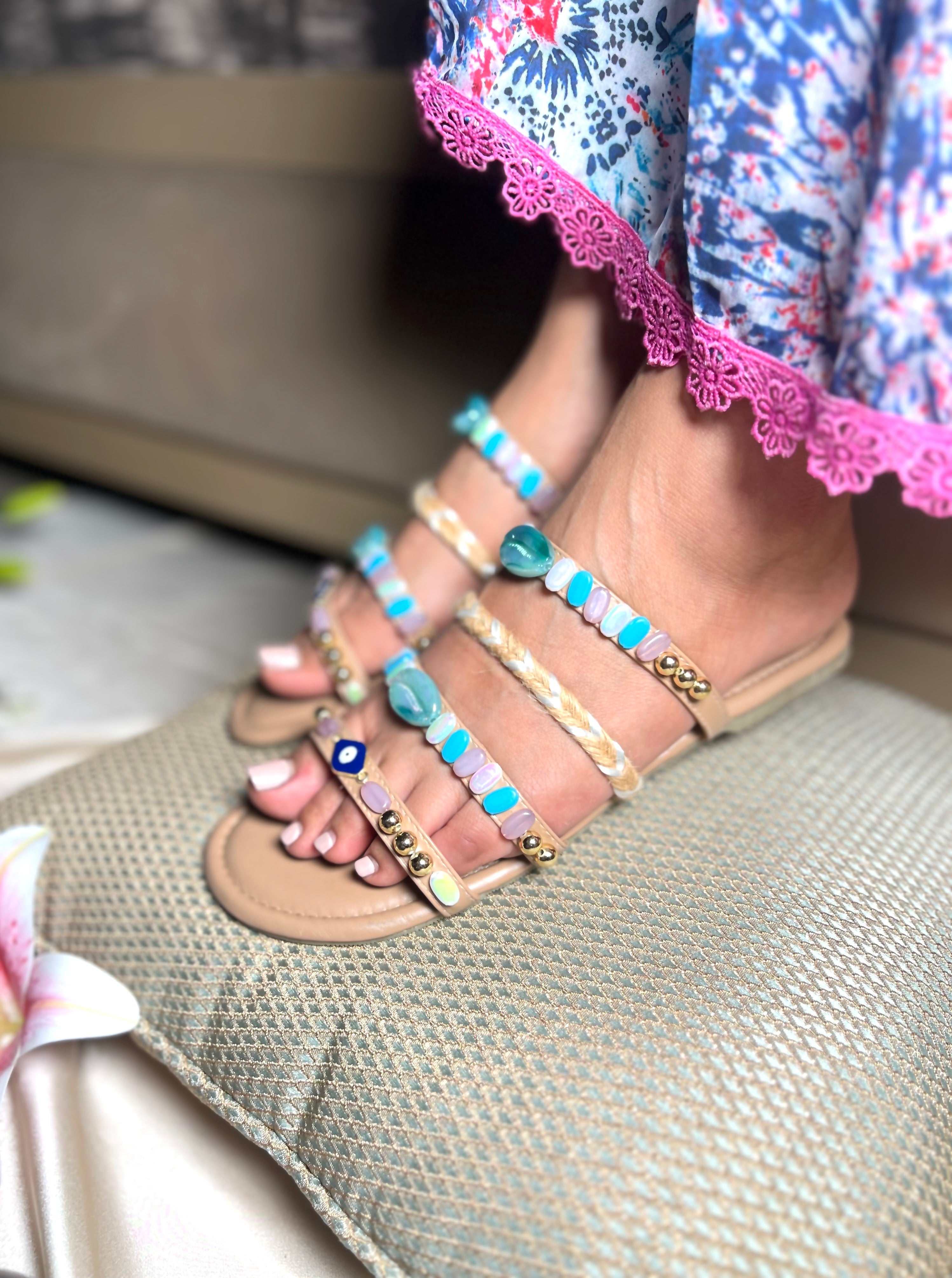 Boho Beaded Multistrap Sandals – Pastel Blue Sandal Stories
