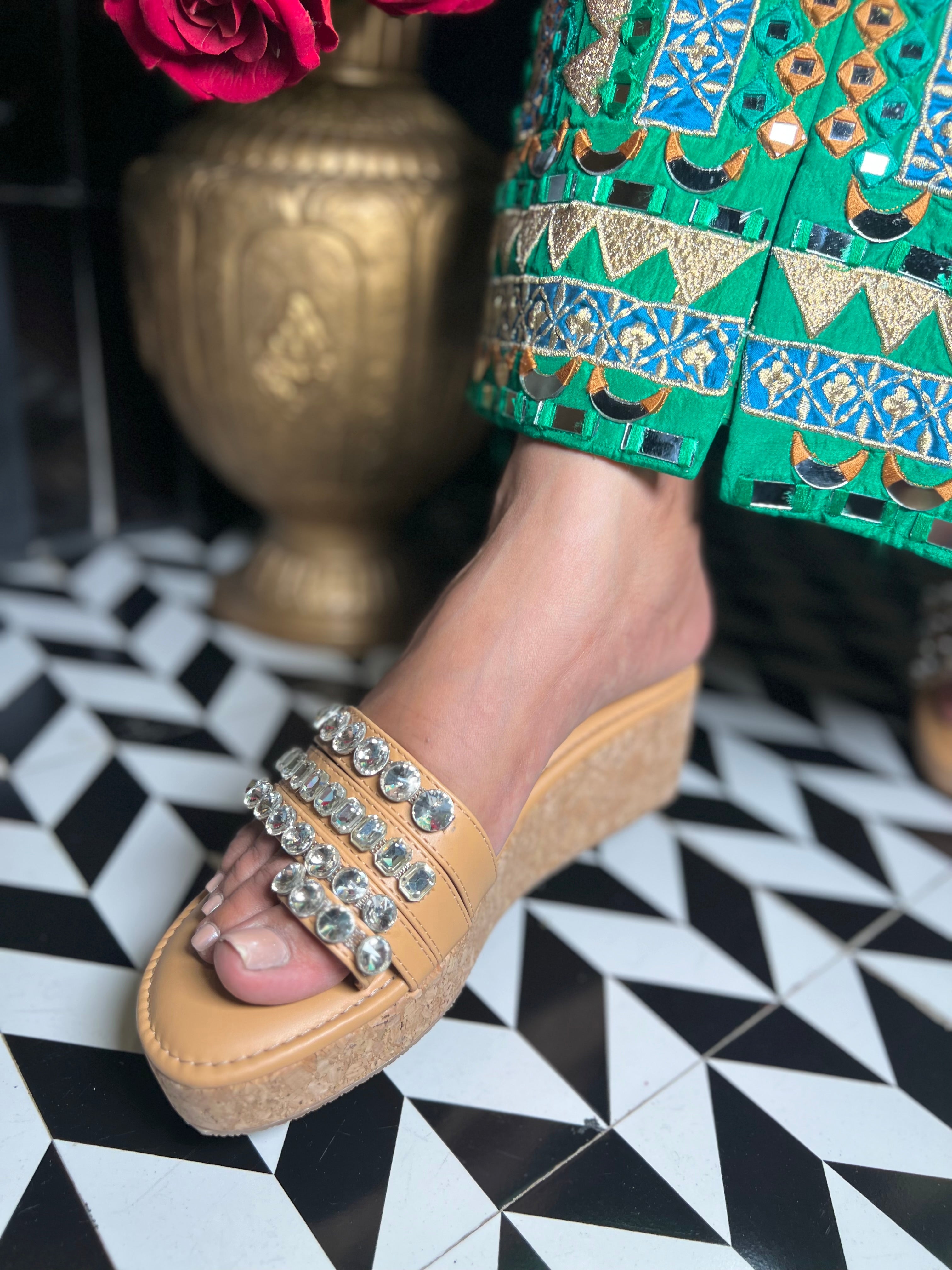 Beige Diamond Embellished Thumb Wedges