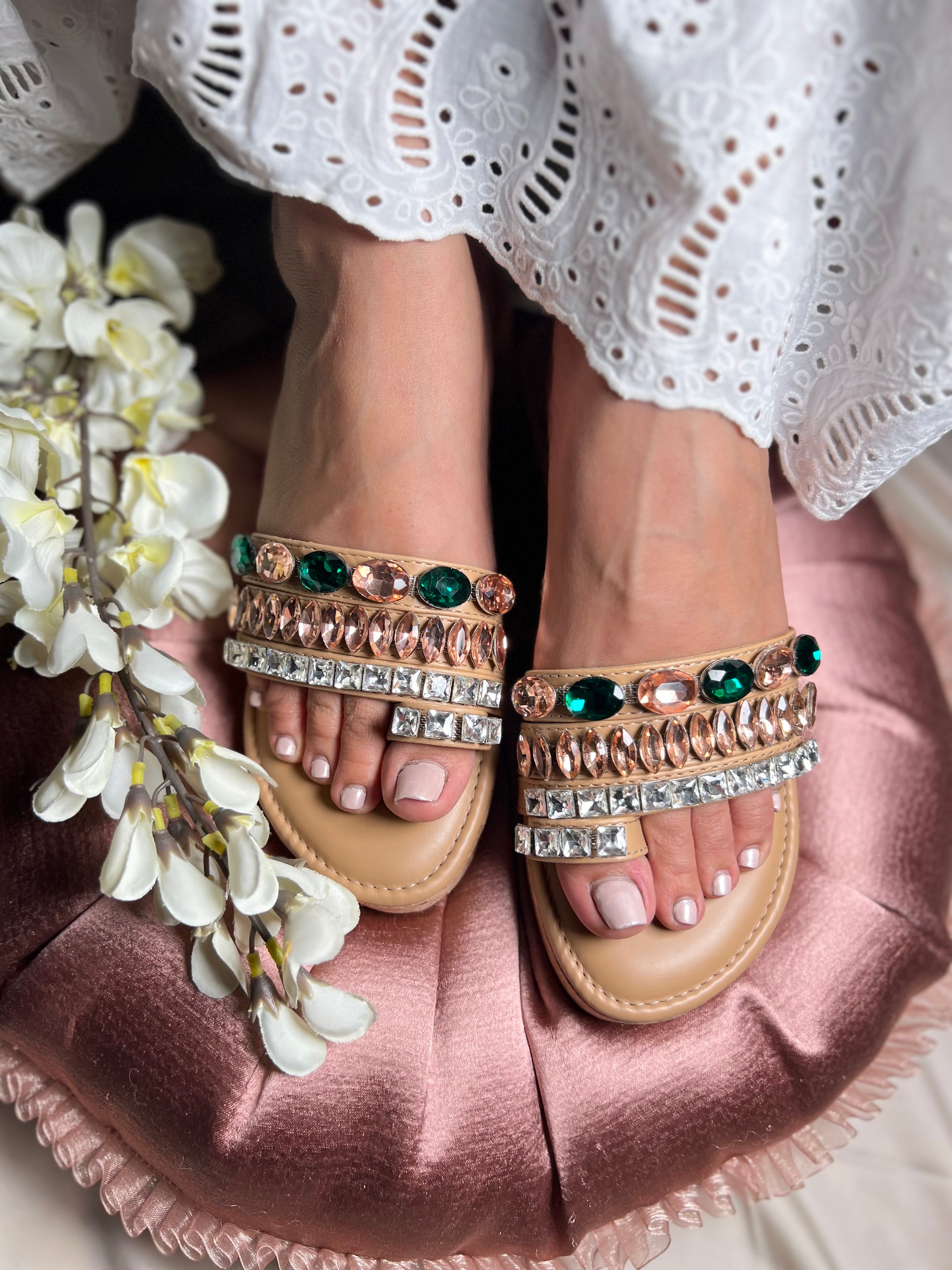 Emerald & Rose Gold Crystal Embellished Wedges Sandal Stories