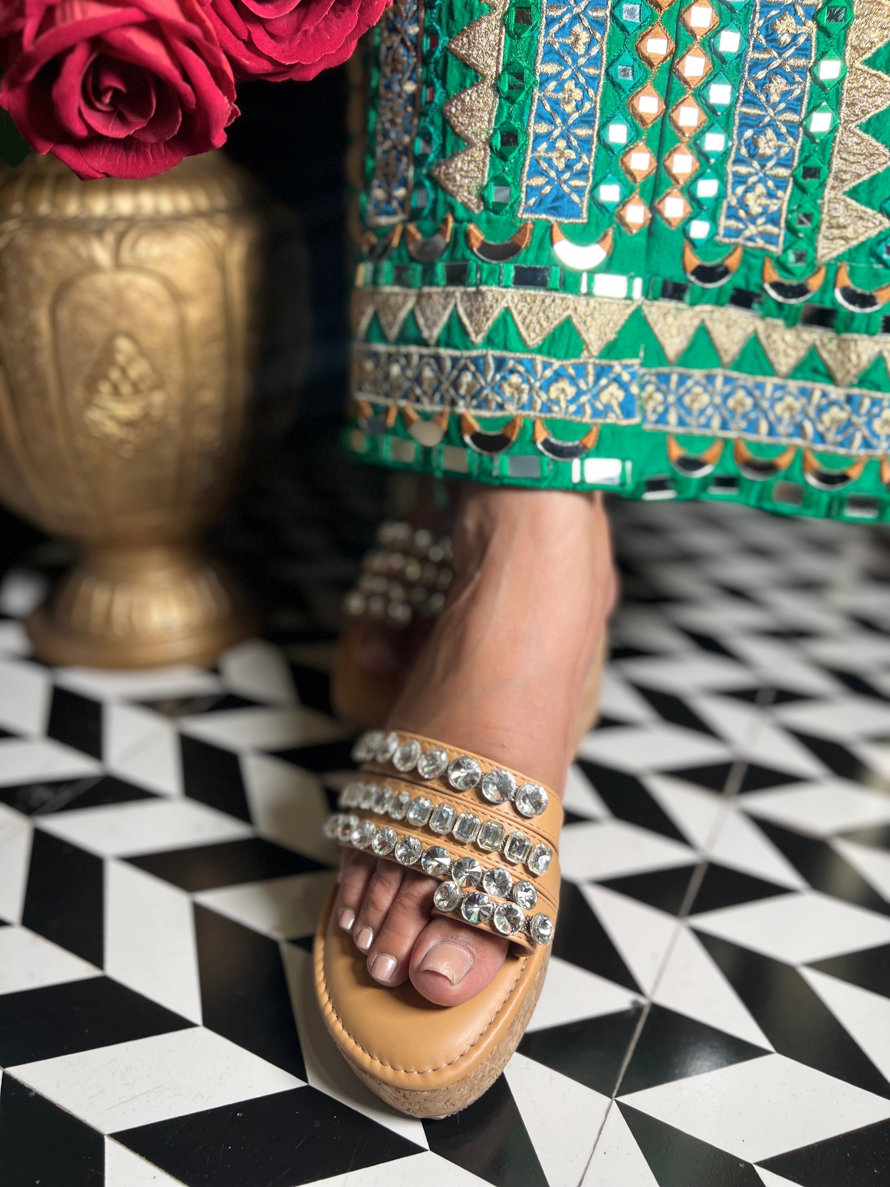 Beige Diamond Embellished Thumb Wedges