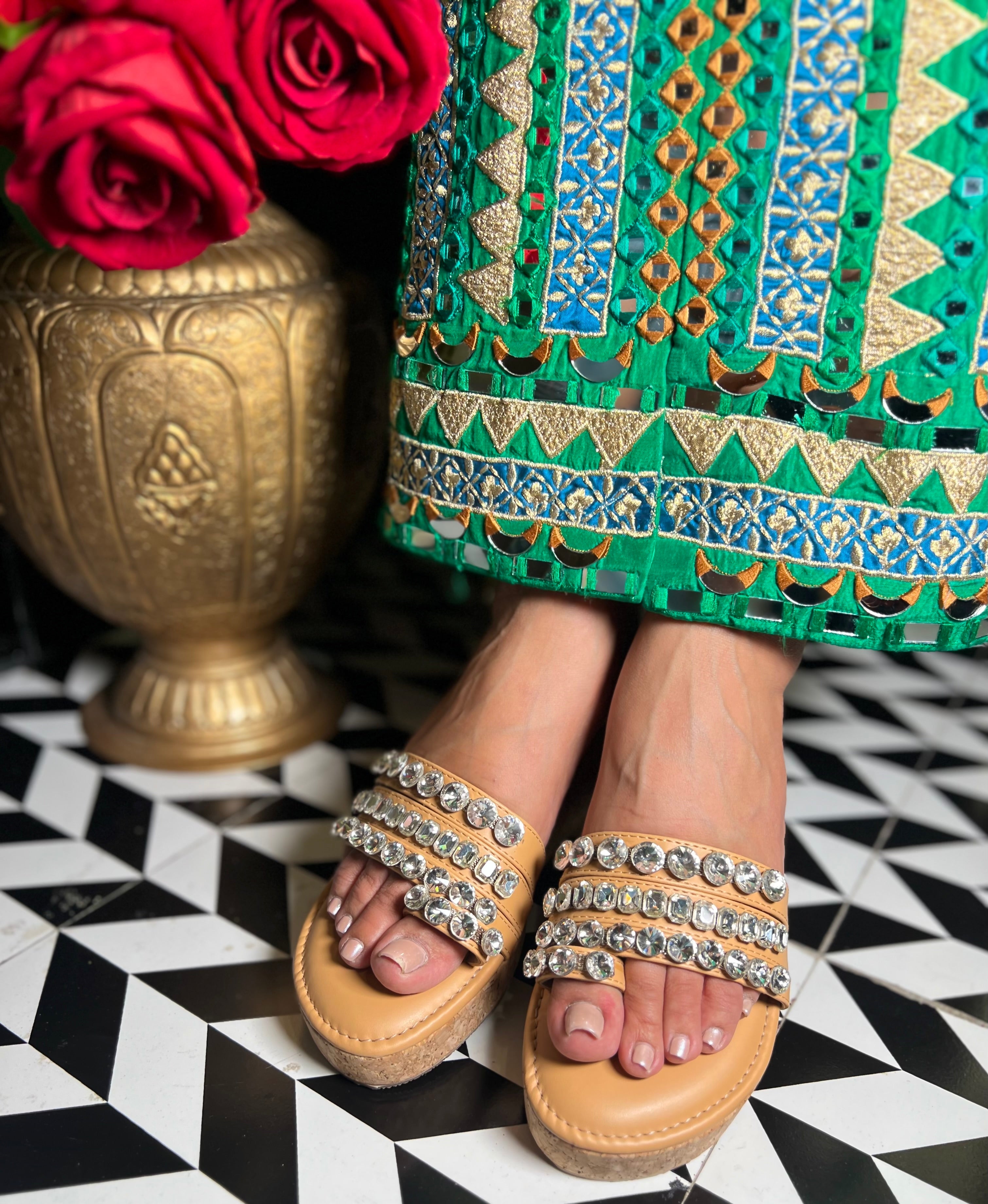 Beige Diamond Embellished Thumb Wedges